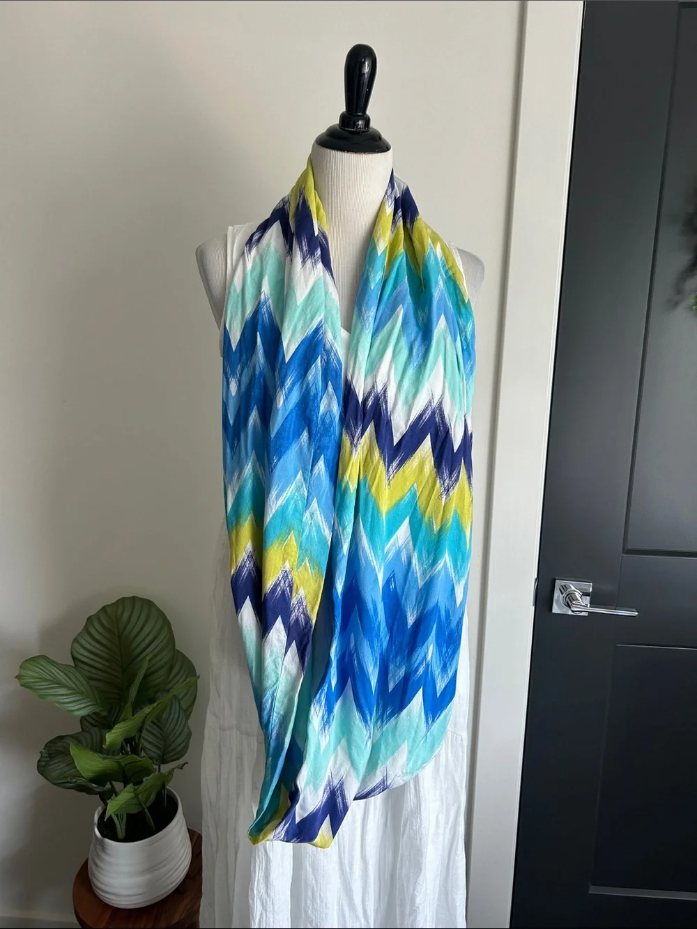 Colorful infinity scarf purple yellow blue turquoise white